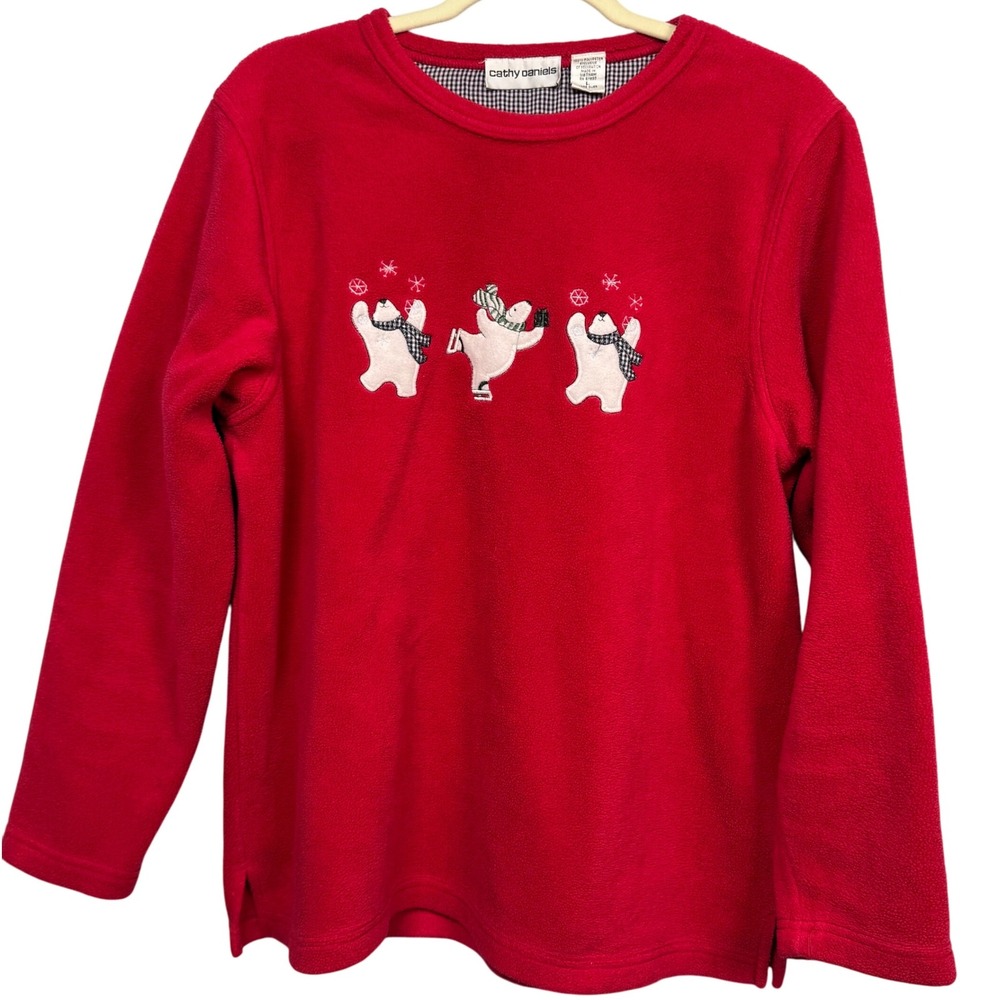 VTG Cathy Daniels L Red Fleece Polar Bears Ice Skating Ugly Sweater Holiday Snow